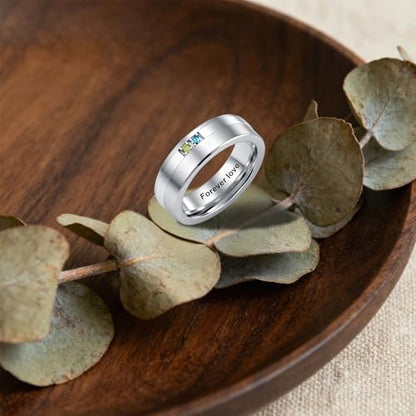 ROMANTICWORK Personalized Ring for Men 925 Sterling Silver Custom Name 2 Birthstones Ring Christmas Valentine's Day Jewelry Gift for Husband Boyfriend Father