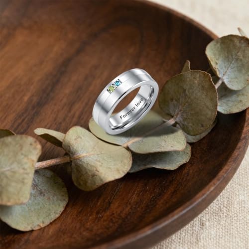 ROMANTICWORK Personalized Ring for Men 925 Sterling Silver Custom Name 2 Birthstones Ring Christmas Valentine's Day Jewelry Gift for Husband Boyfriend Father