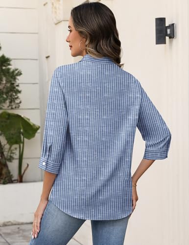 Zeagoo Blouse for Women Business Casual 3/4 Sleeve Button Down Shirts Striped Printed Dressy Tops Work Tunic Tops Office Blouses