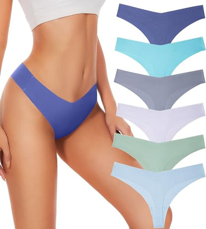 Hellopopgo Seamless Thongs For Women V-waisted No Show Thong Seamless Panties Breathable Comfortable Underwear Womens 6-Pack,Small