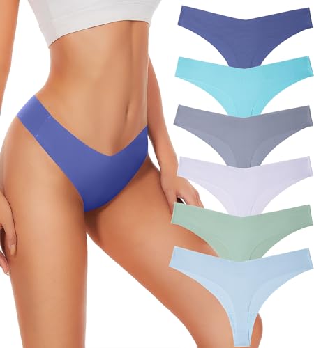 Hellopopgo Seamless Thongs For Women V-waisted No Show Thong Seamless Panties Breathable Comfortable Underwear Womens 6-Pack,Small