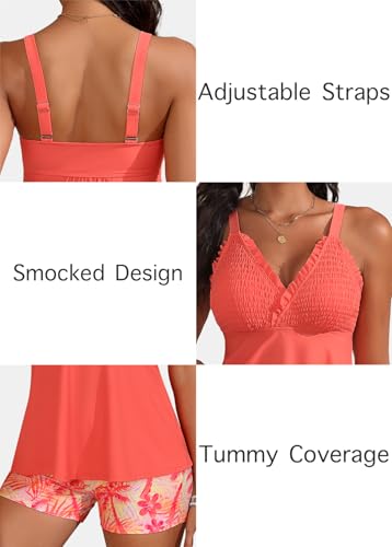 ROSEWE Womens Tankini Bathing Suits, Two-Piece Smocked Swim Dress, Print Swimsuits with Board Shorts Coral