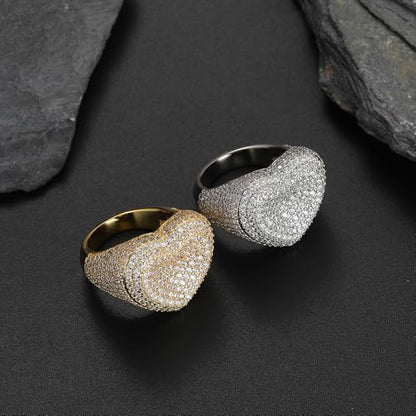 Gryvox Heart Shaped Moissanite Ring with Full Pavé Setting, Unisex Hip Hop Band with Comfort Fit, Romantic Gift for Couples and Lovers (White,7)