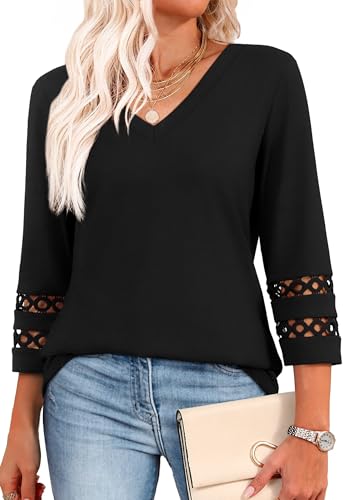 Blouses for Women Dressy Casual 3/4 Length Sleeve Womens Tops V Neck Tshirts Summer Beach Vacation Clothes Fashion Black L