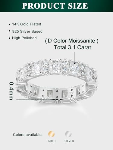Wyyxl Emerald Cut Moissanite Ring Sterling Silver White Gold Plated 3 Carat Full Diamond Eternity Band Stackable Finger Jewelry Size 4 Pinky Baguette Ring