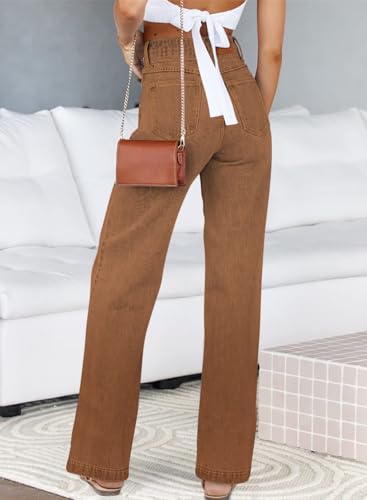 Sidefeel Womens Jeans Wide Leg High Waisted Stretchy Jeans Trendy Straight Leg Loose Denim Pants Brown Size 12