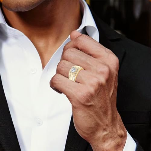 Jelafu 1 carat Moissanite Rings for Men Yellow Gold Plated Solitaire Engagement Ring D Color VVS1 Clarity Round Cut Engagement Ring Sterling Silver Moissanite Pinky Rings