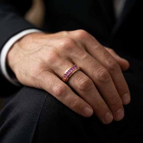 Men's Wedding Band Ring 2.7mm Round Cut Ruby Lab Grown Gemstone Channel Set 7-Stone Engagement Rings In 14K Rose Gold Plated 925 Sterling Silver Size 8