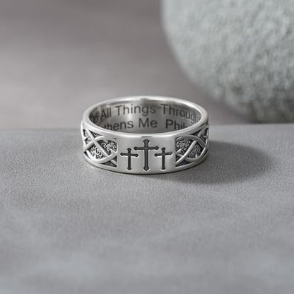 Lattd Cross Ring for Men with Philippians 4:13 925 Sterling Silver Christian Cross Band Rings for Dad Son Size 11