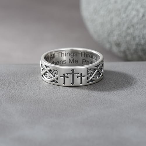 Lattd Cross Ring for Men with Philippians 4:13 925 Sterling Silver Christian Cross Band Rings for Dad Son Size 11