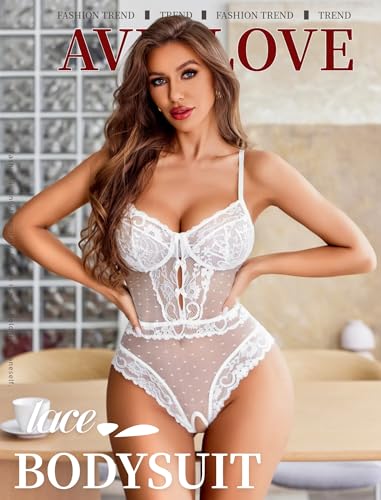 Avidlove Lingerie for Women Sexy Lace Bodysuit V Neck Teddy One Piece Babydoll Nightwear White L