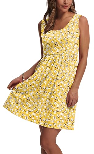 WIHOLL Summer Dresses for Women 2026 A Line Sleeveless Spring Dresses for Women Casual Cute Beach Vacation Clothes Fashion Floral Dress Sundresses with Pockets Womens Sun Dress Yellow M