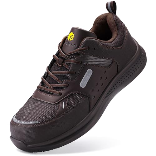 FitVille Extra Wide Steel Toe Shoes for Men, Composite Toe Work Shoes for Men, Water Resistant, Slip Resistant, Leather, Brown, 13 X-Wide