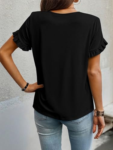 Xosini Short Sleeve Shirts for Women Ruffle Cute Tops Crewneck Tees Dressy Casual Fashion Blouse Chic Petal Spring Summer Outfits Pleated T-Shirts 2026 Beach Vacation Essentials Clothes,Black,L