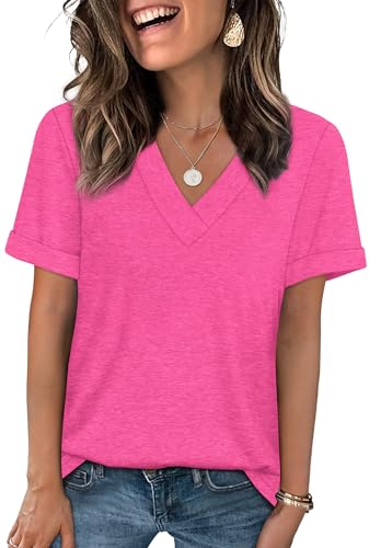WIHOLL Summer Tops for Women Dressy Casual Short Sleeve Shirts V Neck Loose Fit Basic Cute Tops for Women Trendy Vacation Outfits Hot Pink XL