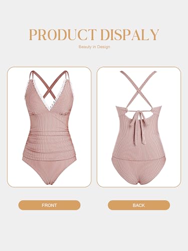 ZAFUL Womens Tankini Bathing Suits Modest Two Piece Swimsuit Smocked Push Up Slimming Tankinis with High Waisted Full Coverage Bottom Adjustable Straps Ruched Tummy Control Swimwear Red Striped L