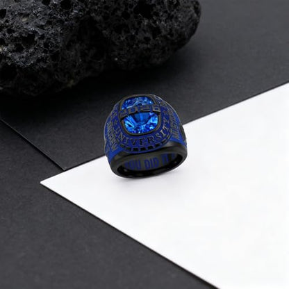 Lypic Personalized Class Ring for Men 925 Silver Sterling Black High School Rings with Birthstone Customized Graduation Ring for Men (Black, Fluted Blue) 02