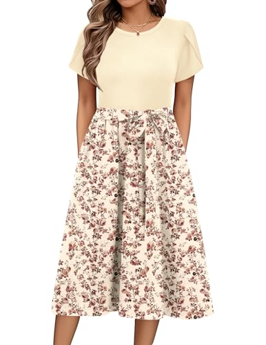 Zeagoo Womens Midi Dress Summer Short Sleeve Dress with Pockets 2025 Casual Floral T-Shirt Dress Flowy Beach Sundress