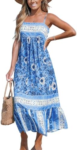Sundresses - CUPSHE Women's Maxi Dress Ditsy Floral Smocked Summer Sundress Sleeveless Ruffled Spaghetti Straps Long Beach Formal Dress Blue Floral