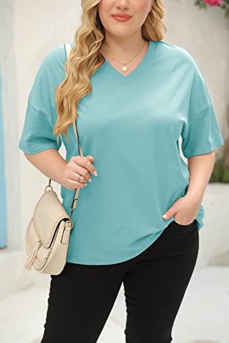 Fisoew Women's Plus Size V Neck T Shirts Summer Half Sleeve Oversized Tees Casual Loose Fit Tunic Tops Light Blue