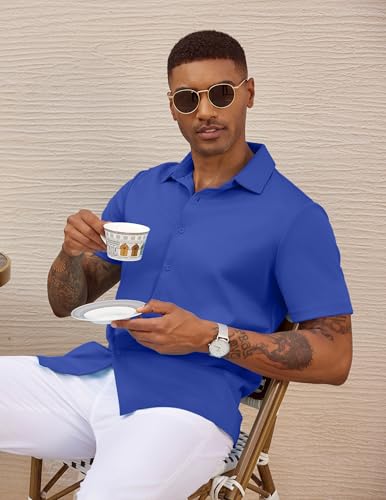 COOFANDY Men's Untucked Shirts Short Sleeve Regular Fit Summer Button Down Shirts Classic Blue XXL