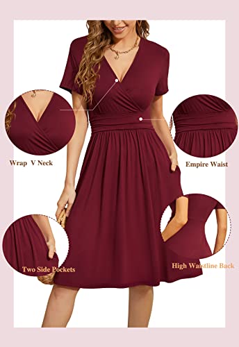WEACZZY Summer Dress for Women Casual Short Sleeve Black Dresses Wrap V-Neck Party Dress with Pockets,Black,XL