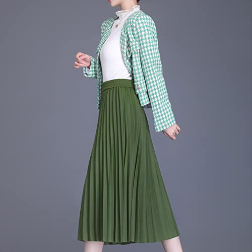 Basoteeuo Green Pleated Skirt for Women Midi Length Summer High Waisted A Line Elastic Waist Skirts S