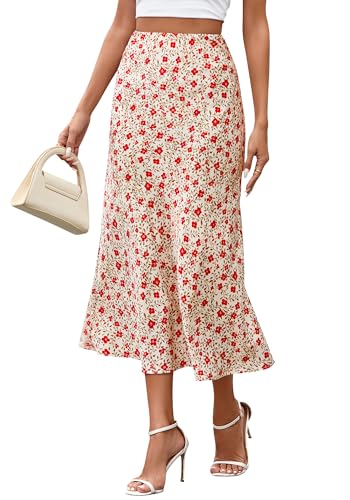 BTFBM Satin Skirts for Women Trendy Summer 2025 High Waisted A-Line Leopard Print Cocktail Wedding Long Silk Midi Skirt(Floral Apricot Red, Small)