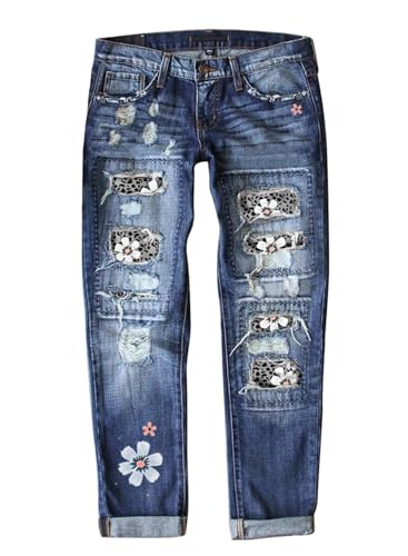 American Flag Pants - Astylish Womens Plaid Patch Ripped Boyfriend Distressed Stretch Skinny Denim Jeans with Hole A05 Gray