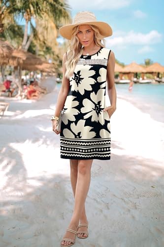 WIHOLL Floral Dress for Women 2026 Spring Clothes Loose Fit Fashion Clothing Casual Summer Dresses Vacation Outfits Sundresses with Pockets Wedding Guest Dress Elegant Black M
