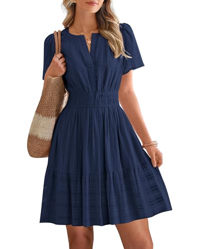 Womens Boho Mini Dress, Lightweight Cotton, V-Neck, Short Sleeve, Elastic Waist, Pockets – Navy Blue, Small