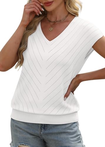 WIHOLL Short Sleeve Sweater for Women Trendy Womens Tops 2026 Summer V Neck T Shirts Cap Sleeve Beach Fashion Travel Outfits Vacation Clothes Ladies Tops Dressy Casual Lightweight Sweaters White M