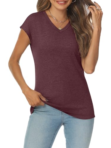 AUTOMET Womens V Neck T Shirts Spring Summer Cap Sleeve Basic Tees Trendy Cute Tops for Work Dressy Casual Beach Vacation Wine Red L