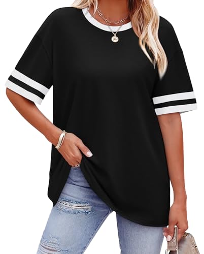 WIHOLL Womens Tops Plus Size Fashion Color Block Short Sleeve Black Summer Fashion Oversized T Shirts Resort Wear for Women Spring Tops Plus Size Clothes for Women 2026 2XL