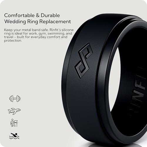 Rinfit Silicone Rings for Men 9mm Wide, 2mm Thick - Mens Rubber Wedding Bands - Infinity Silicone Rings for Him - Patented Design - Pack C, Size 10