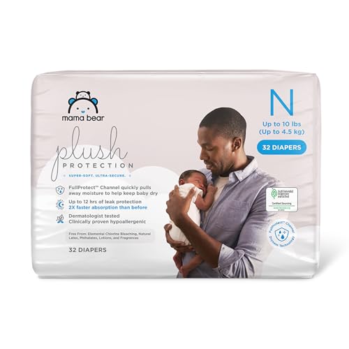 Amazon Brand - Mama Bear Plush Protection Diapers, Keeps Baby Dry, Skin Safe, Leakproof, Size Newborn, 32 Count, Hypoallergenic Premium Disposable Baby Diapers, White and Cloud Dreams