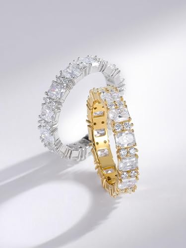 Wyyxl Emerald Cut Moissanite Ring Sterling Silver White Gold Plated 3 Carat Full Diamond Eternity Band Stackable Finger Jewelry Size 4 Pinky Baguette Ring