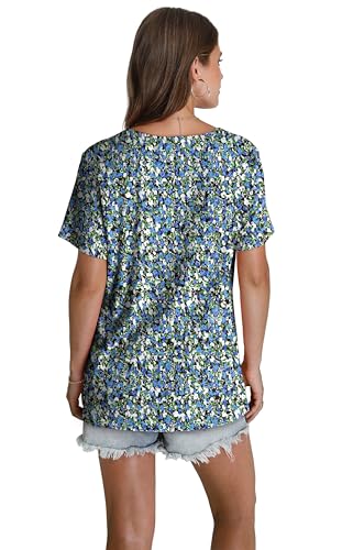 Womens Tops Dressy Casual V Neck T Shirts Ruffle Front Spring Outfits Plus Size Clothes Womens Summer Tops 2026 Fashion Clothing Loose Fit Blouses Oversized Tshirts Floral Blue 3XL