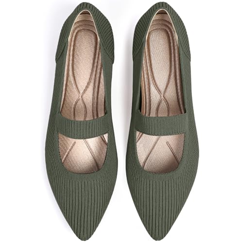 TINGRISE Women's Flats Shoes Pointed Toe Knit Washable Ballet Comfortable Dressy Mary Jane Flat Green US9