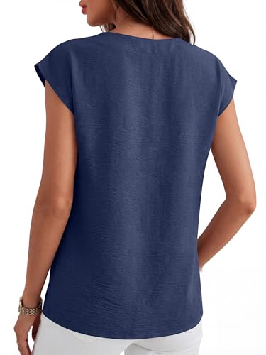 ANRABESS Women Tops Cap Sleeve Dressy Casual V Neck Shirts 2026 Summer Business Work Blouses Outfits Trendy Spring Clothing Navy Blue Medium