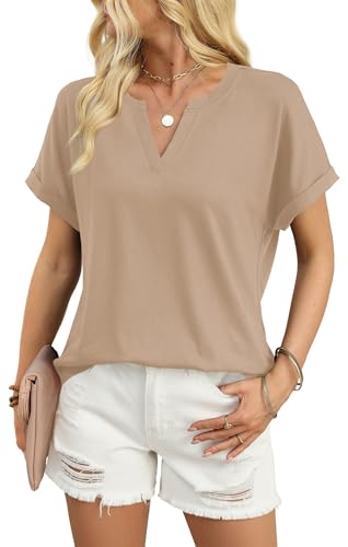 WIHOLL Womens Summer Blouses 2026 Spring Dressy Casual Tops Short Sleeve Tshirts Shirts Khaki M
