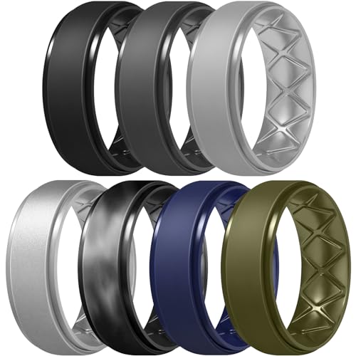 Egnaro Men's Silicone Wedding Rings, 8.5mm Wide 2mm Thick Breathable Inner Arc Rubber Bands, Hypoallergenic Flexible Rings for Gym, Work, Construction, Electrical & Outdoor, Gift for Men, 1-7 Pack