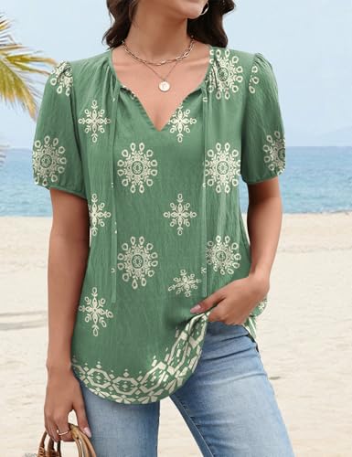 LOMON Boho Tops for Women Summer Peasant Blouses St Patrick's Day Shirt Cotton Linen Outfit Beach Vacation Clothes (Light Green Floral,XL)