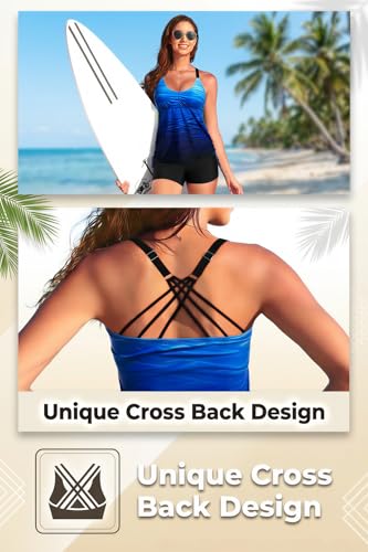 Tempt Me Two Piece Tankini Swimsuits for Women Tummy Control Bathing Suit with Shorts Athletic Swimwear Blue Gradient L
