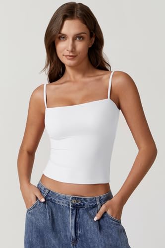 QINSEN Basic Tank Tops for Women Spaghetti Strap Double Lined Slim Fitted Camisole Going Out Tops White S