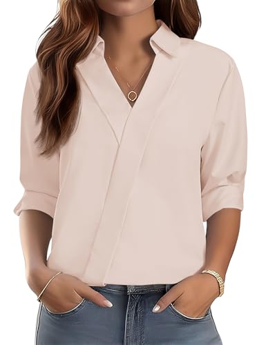 LOMON 3/4 Length Sleeve Womens Tops Dressy Casual Blouses V Neck Collared Shirts Summer Trendy Office Outfits 2026 (Apricot,XL)