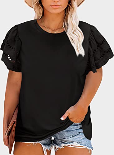 Eytino Womens Plus Size Hollow Out Ruffle Short Sleeve Crewneck Shirts Tops Summer Fashion Tees,3X Black