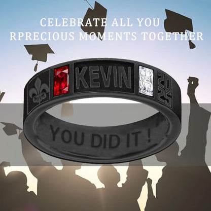 Lypic Personalized 925 Sterling Silver Band Class Ring for Men High School Graduation Ring 2025 College Ring with Birthstone Customized Graduation Jewelry for Men (Style 13)