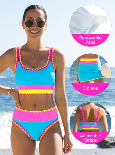 popvil High Waisted Bikini Sets for Women Tummy Control Swimsuits 3 Piece Bathing Suits Neon Swimwear with Skirt 2026