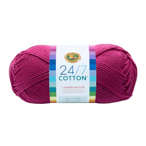 Lion Brand Yarn, 24/7 Cotton Mercerized Lightweight Yarn for Knitting, Crochet, and Crafts, Rose, 1 Pack, 185 Yards of Natural Fiber for Breathable Tops, Durable Bags, and Easy-Care Dish Cloths